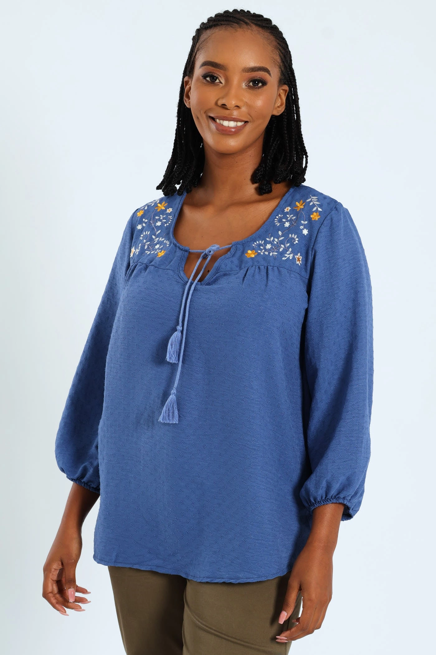3/4 Embroidered Jacquard Blouse - Mid Blue