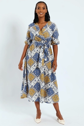 3/4 Sleeve Belted Mock Wrap Midi Dress Polyester - used fashion Runway fashion