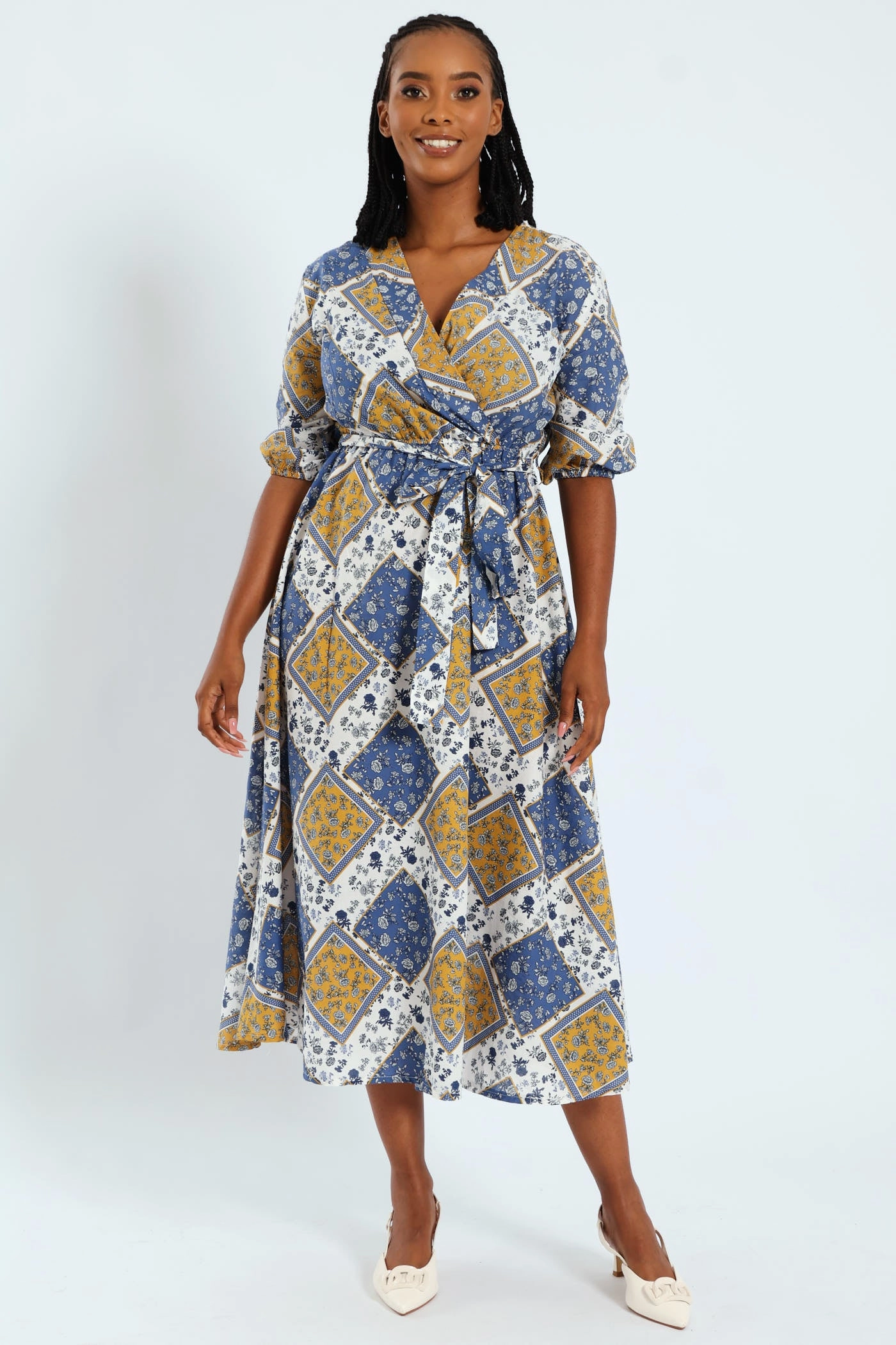 Fashion boutiques 3/4 Sleeve Belted Mock Wrap Midi Dress Designer fashion items