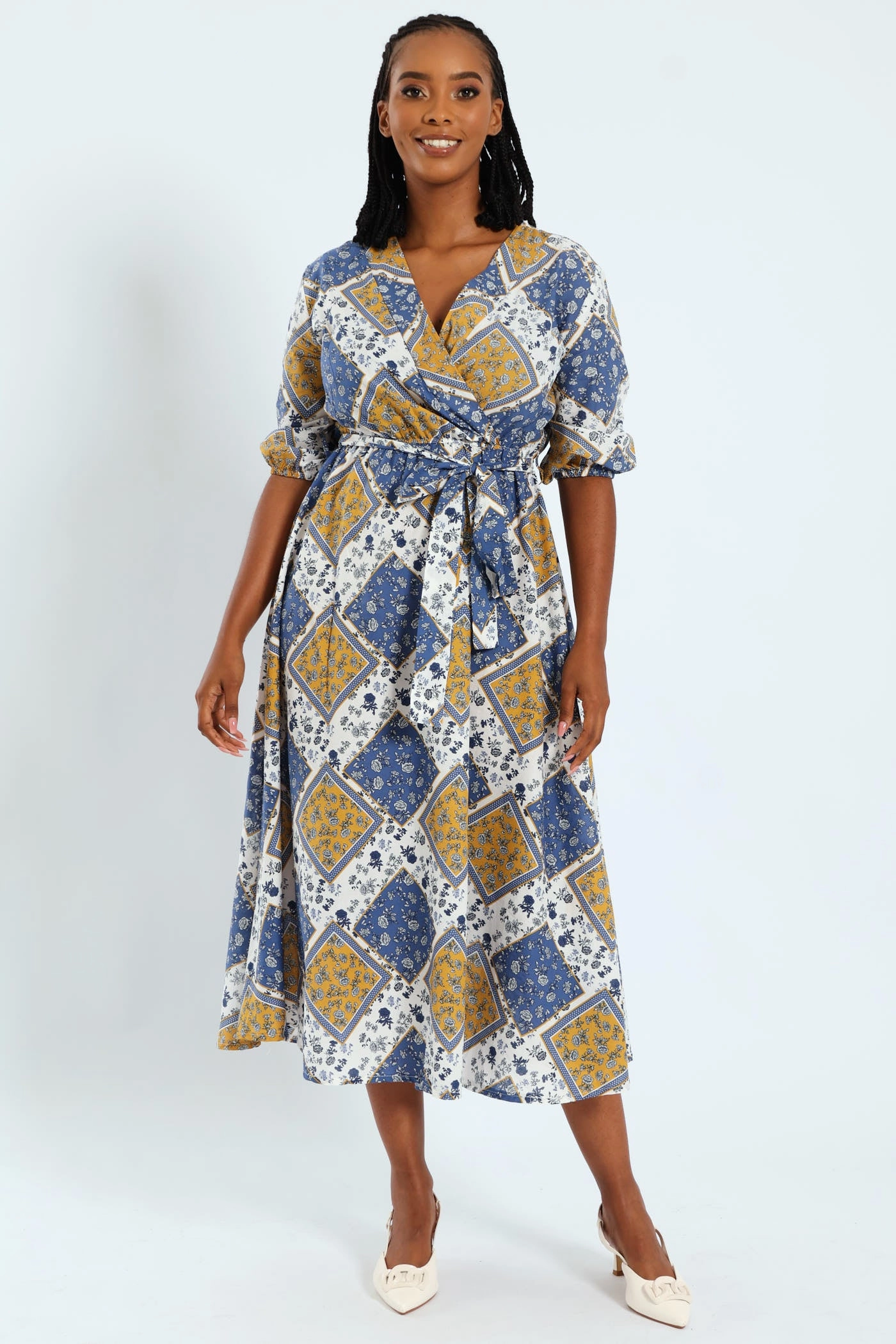 3/4 Sleeve Belted Mock Wrap Midi Dress Swimwear selections Printed fashion