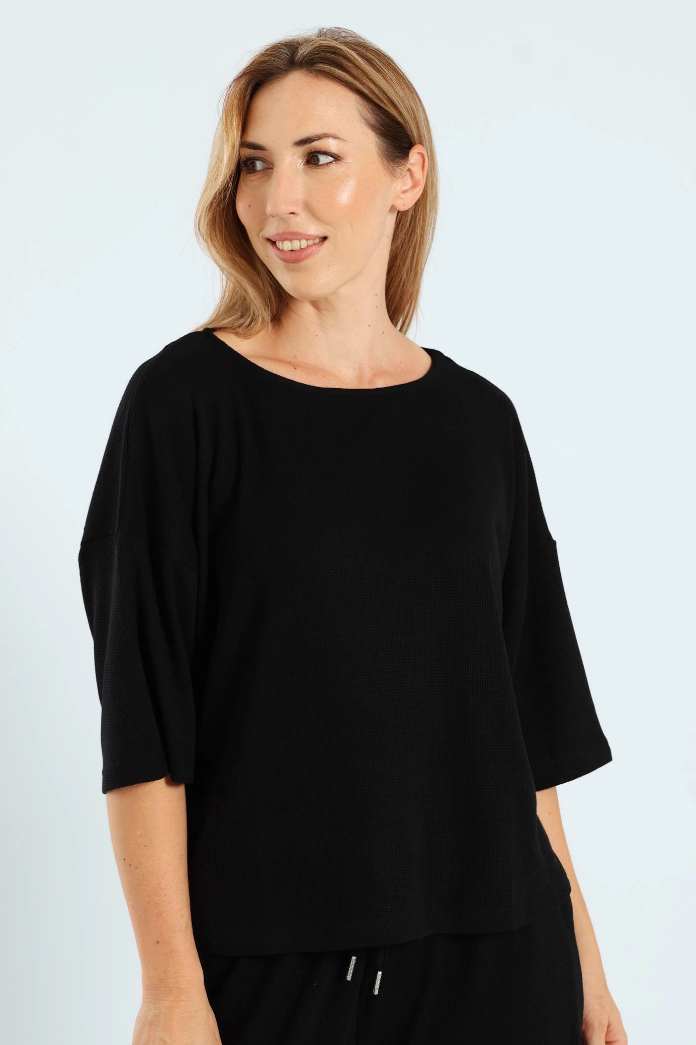 3/4 Sleeve Dolman Waffle Top - Black