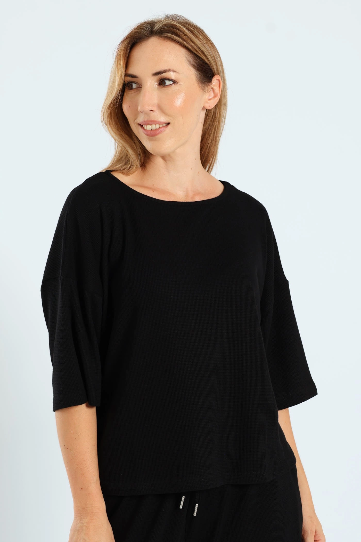 3/4 Sleeve Dolman Waffle Top - Black