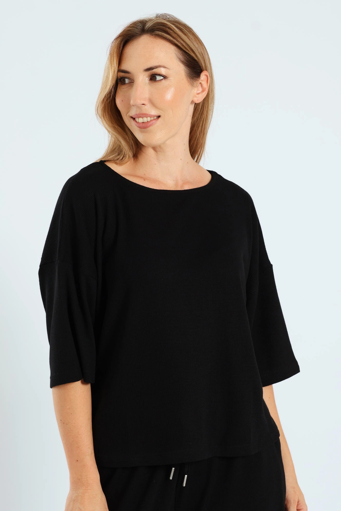 3/4 Sleeve Dolman Waffle Top - Black