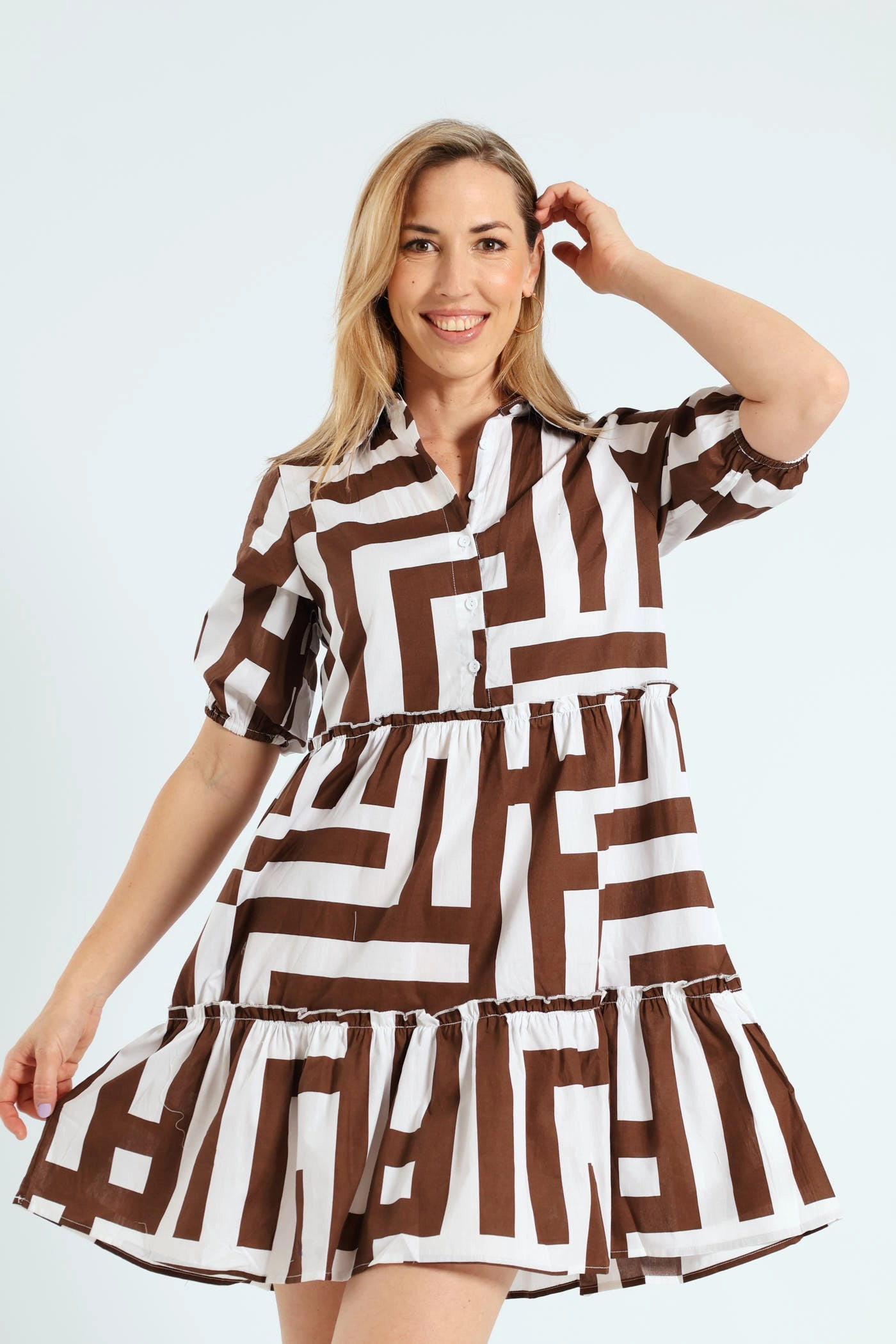Printed fashion 3/4 Sleeve Half Placket Frill Tiered Shirt Mini Dress - Brown/White Vintage - inspired fashion