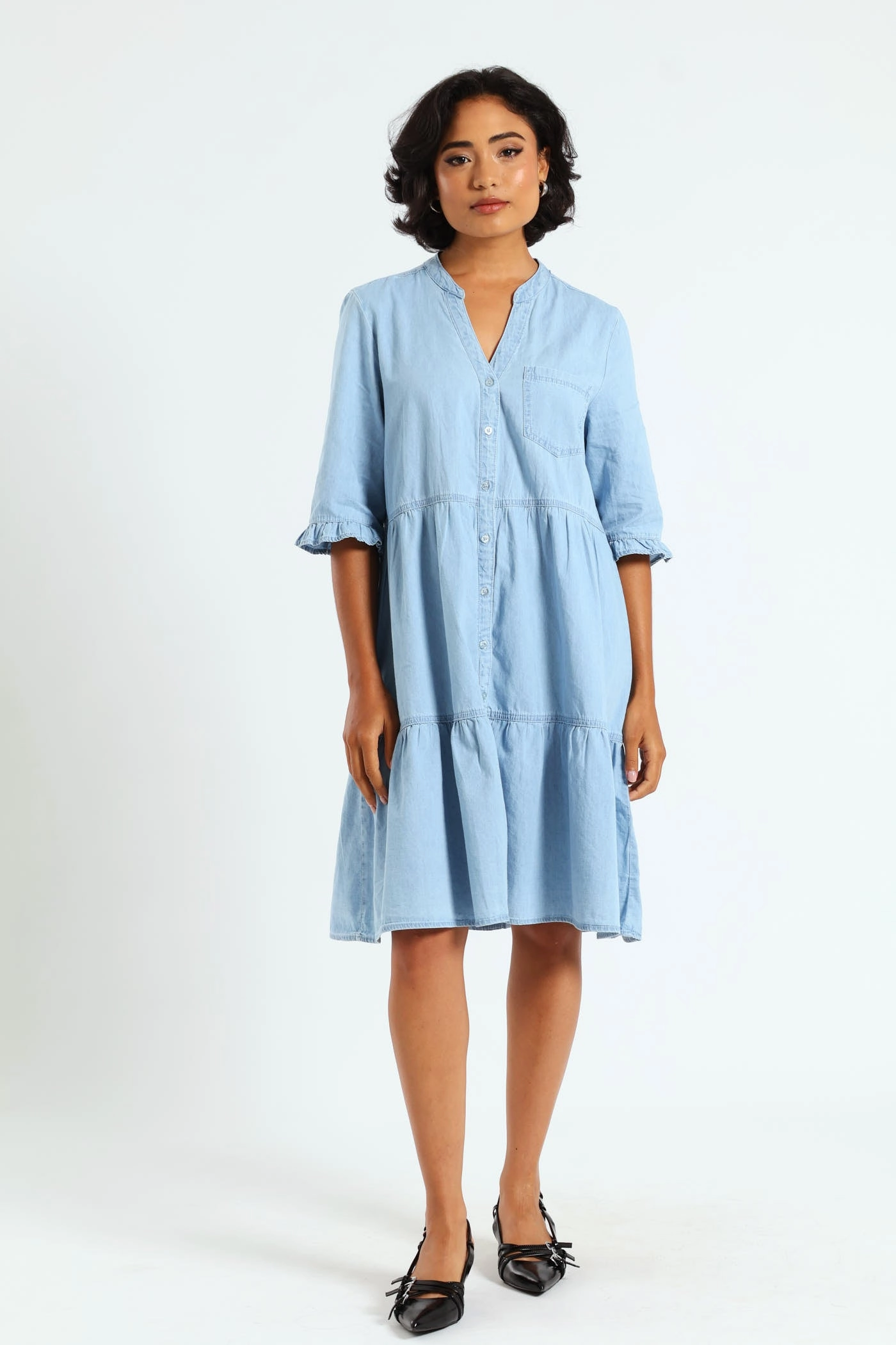 3/4 Sleeve Mandarin Collar Tiered Chambray Mini Dress - Mid Blue Preppy style items Fashion trends by region
