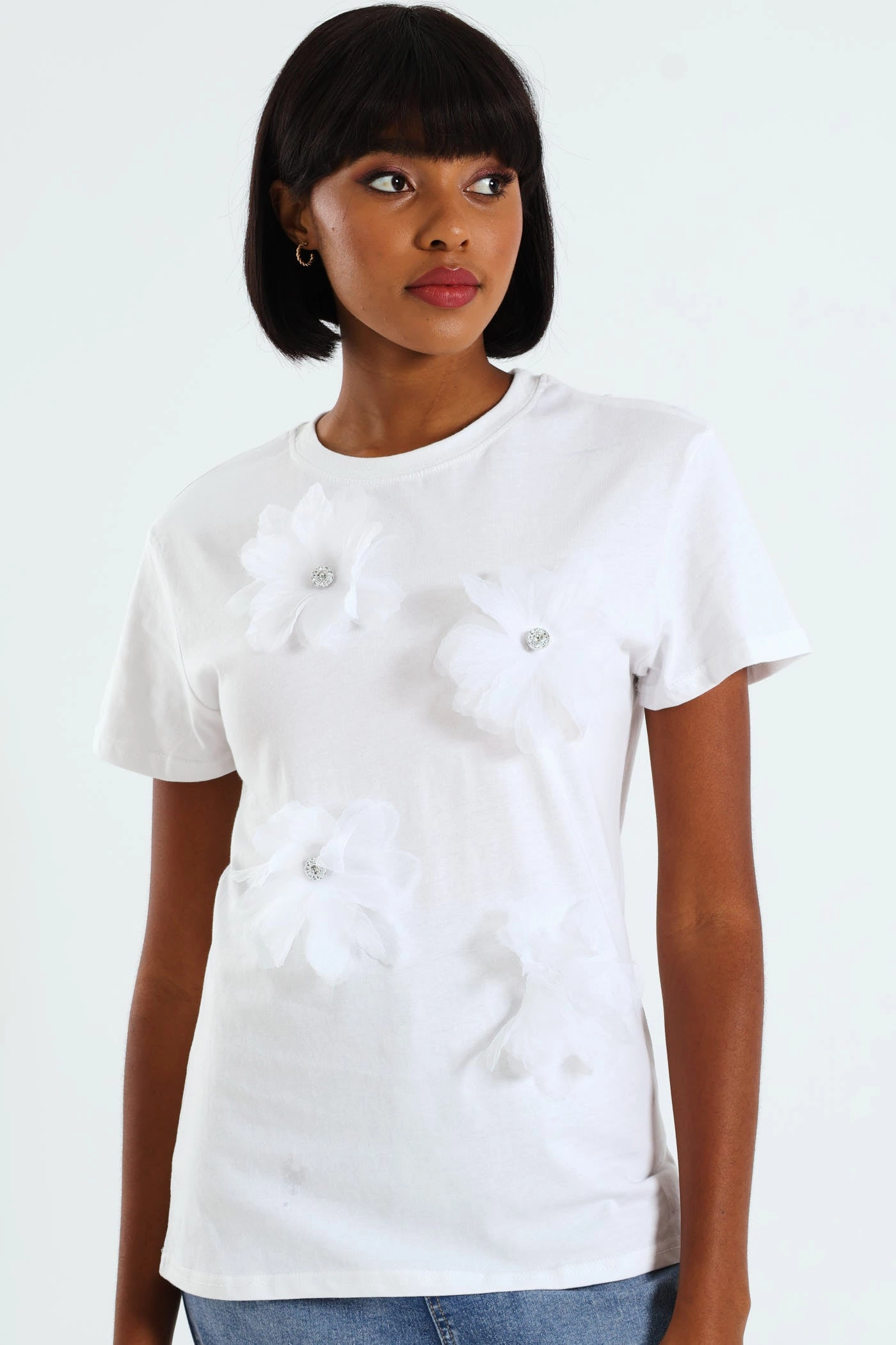 3D Flower Applique Oversized Tee - White