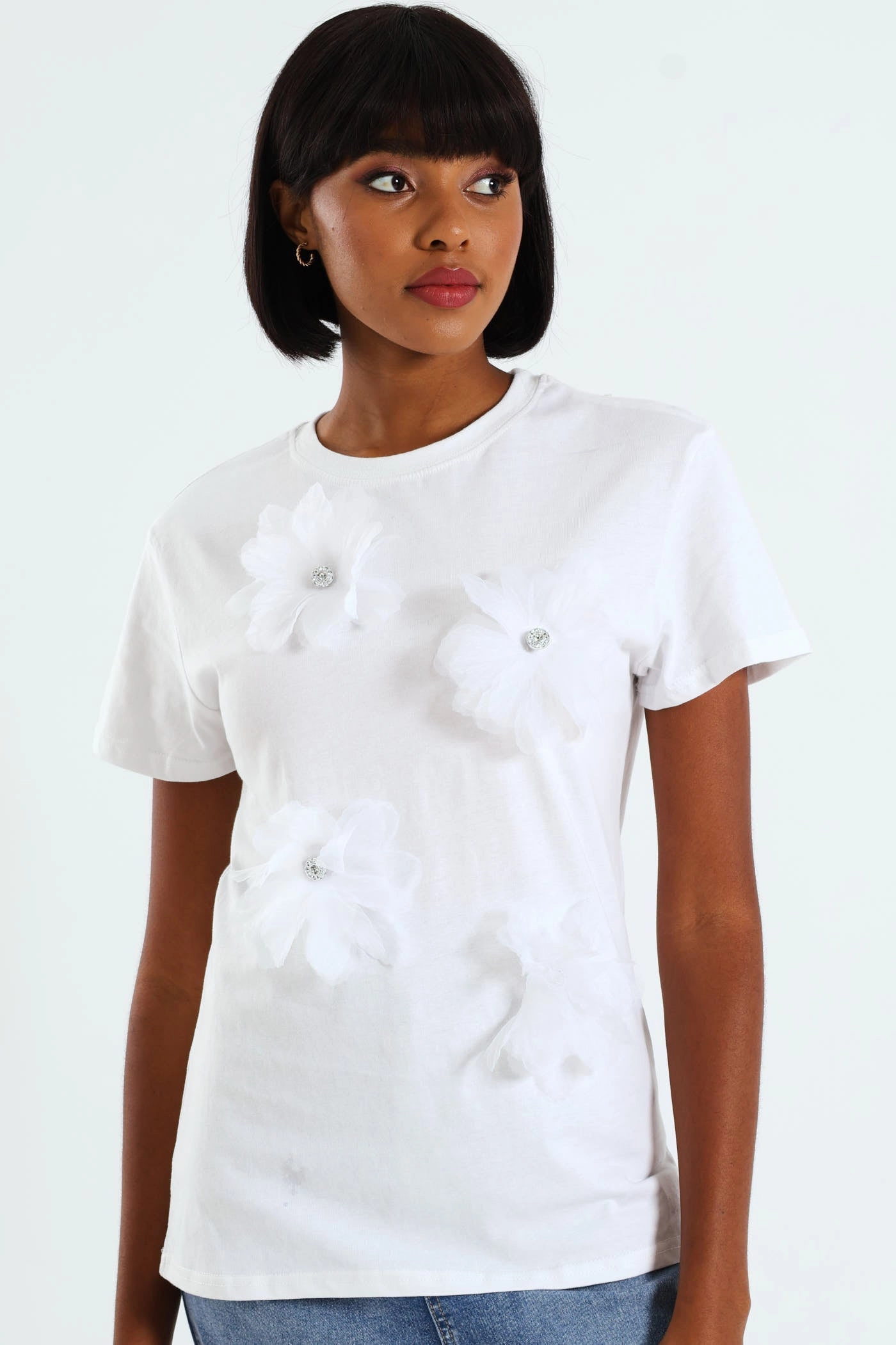 3D Flower Applique Oversized Tee - White