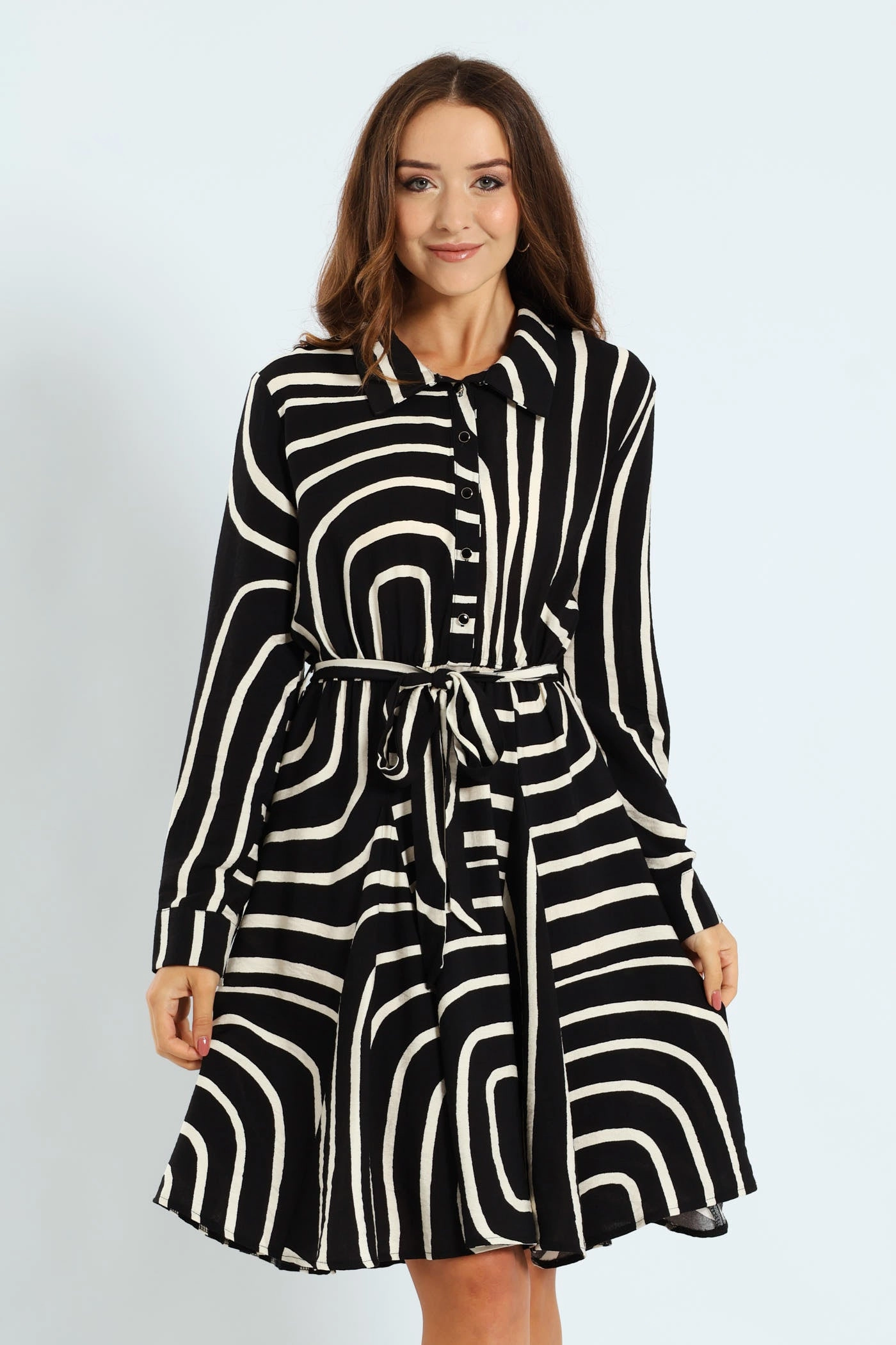 Hip - hop fashion Abstract Button Through Godet Tea Dress - Black/Cream Beachwear items
