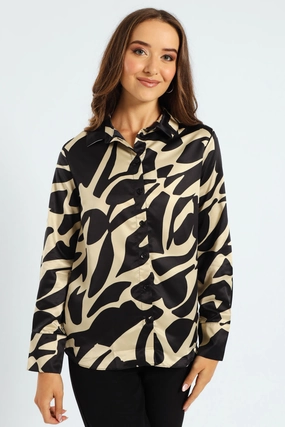 Abstract Monochrome Satin Shirt - Black/Cream Clothing prices Cotton - made fashion
