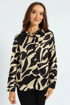 Abstract Monochrome Satin Shirt - Black/Cream Clothing prices Cotton - made fashion