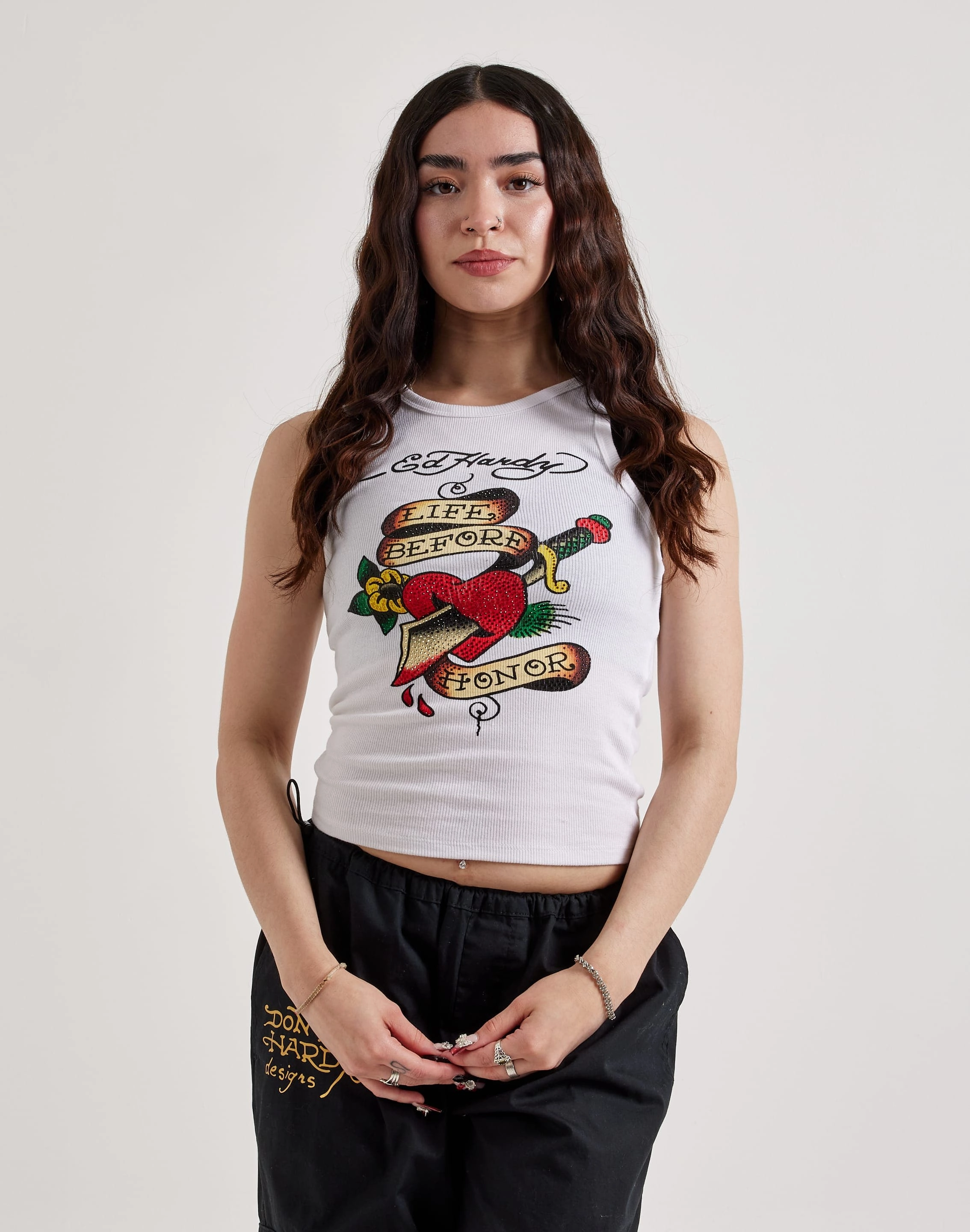 Activewear gear Ed Hardy Heart Sword Rhinestone Rib Tank Top Fashion models
