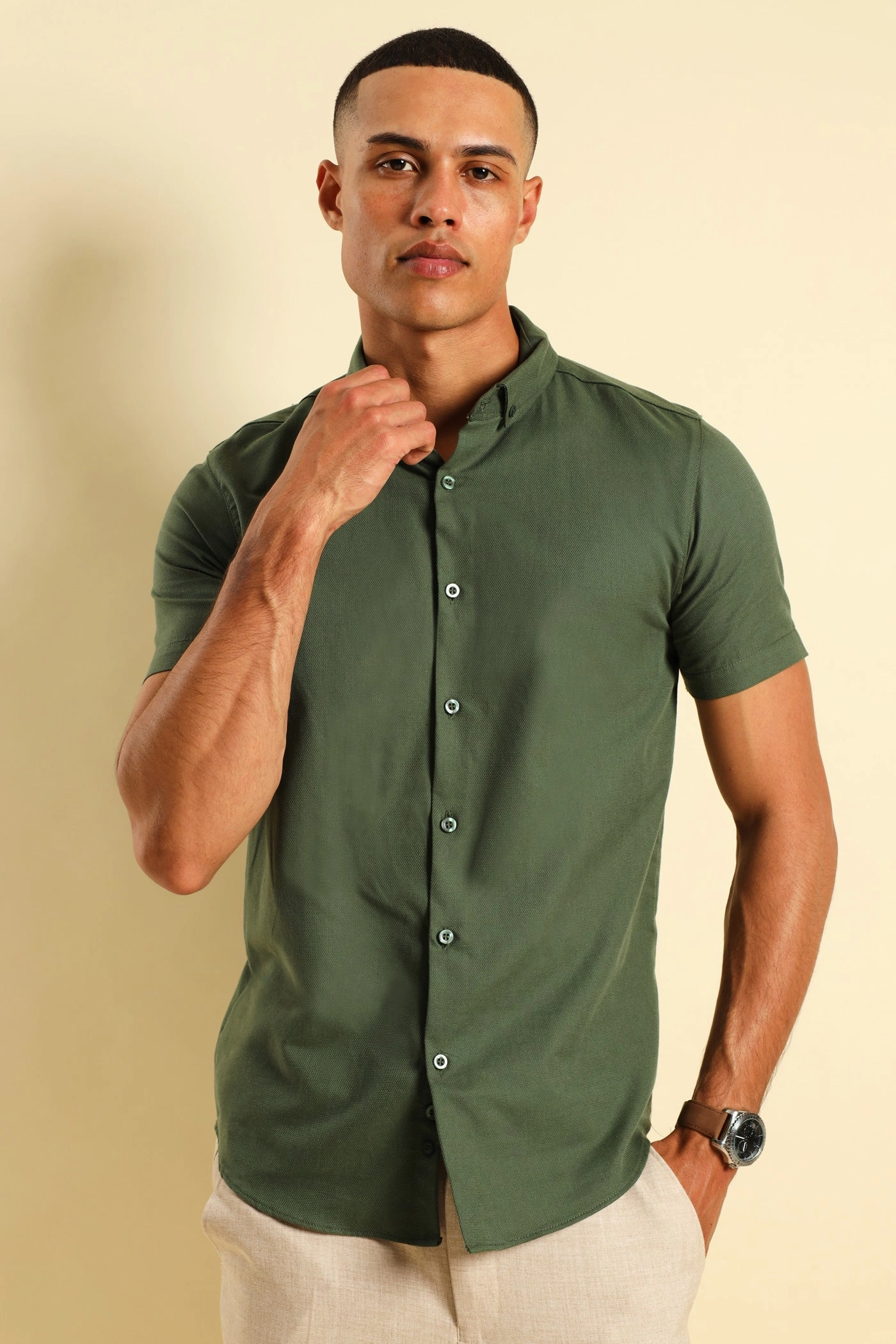 Fashion care (washing, ironing, etc.) Textured Button Down Shirt - Olive Sustainable fashion practices