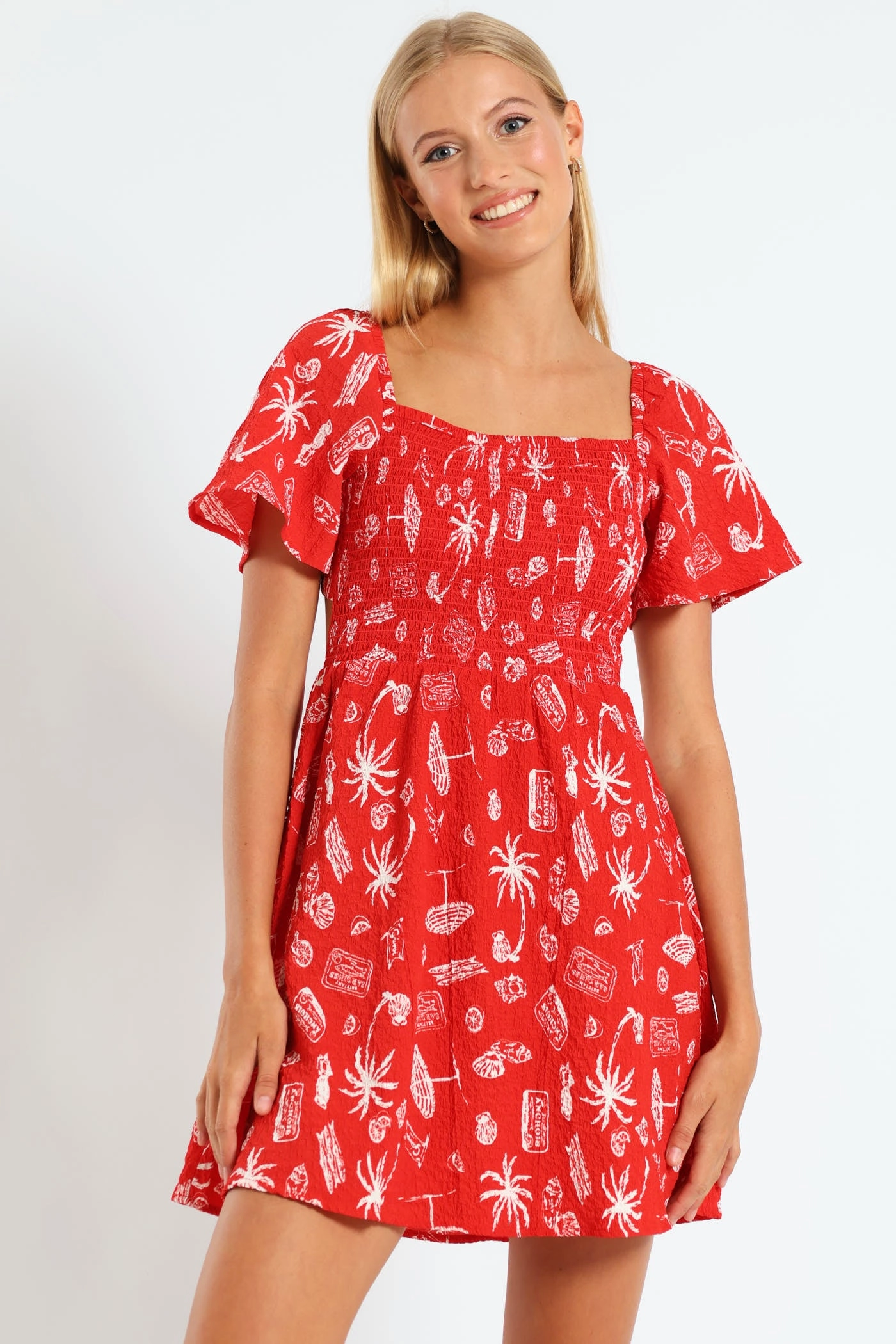 Embroidered fashion Smock Mini Dress - Red Quality apparel