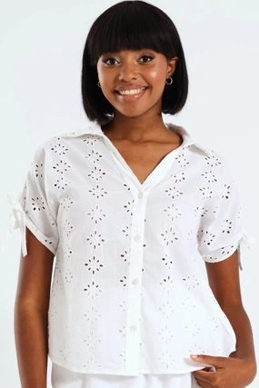 Athleisure fashion Tie-Sleeve Anglaise Relaxed Shirt - White Quality apparel