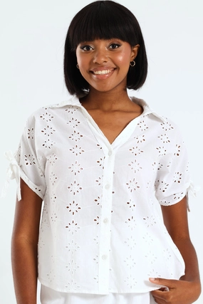 Athleisure fashion Tie-Sleeve Anglaise Relaxed Shirt - White Quality apparel
