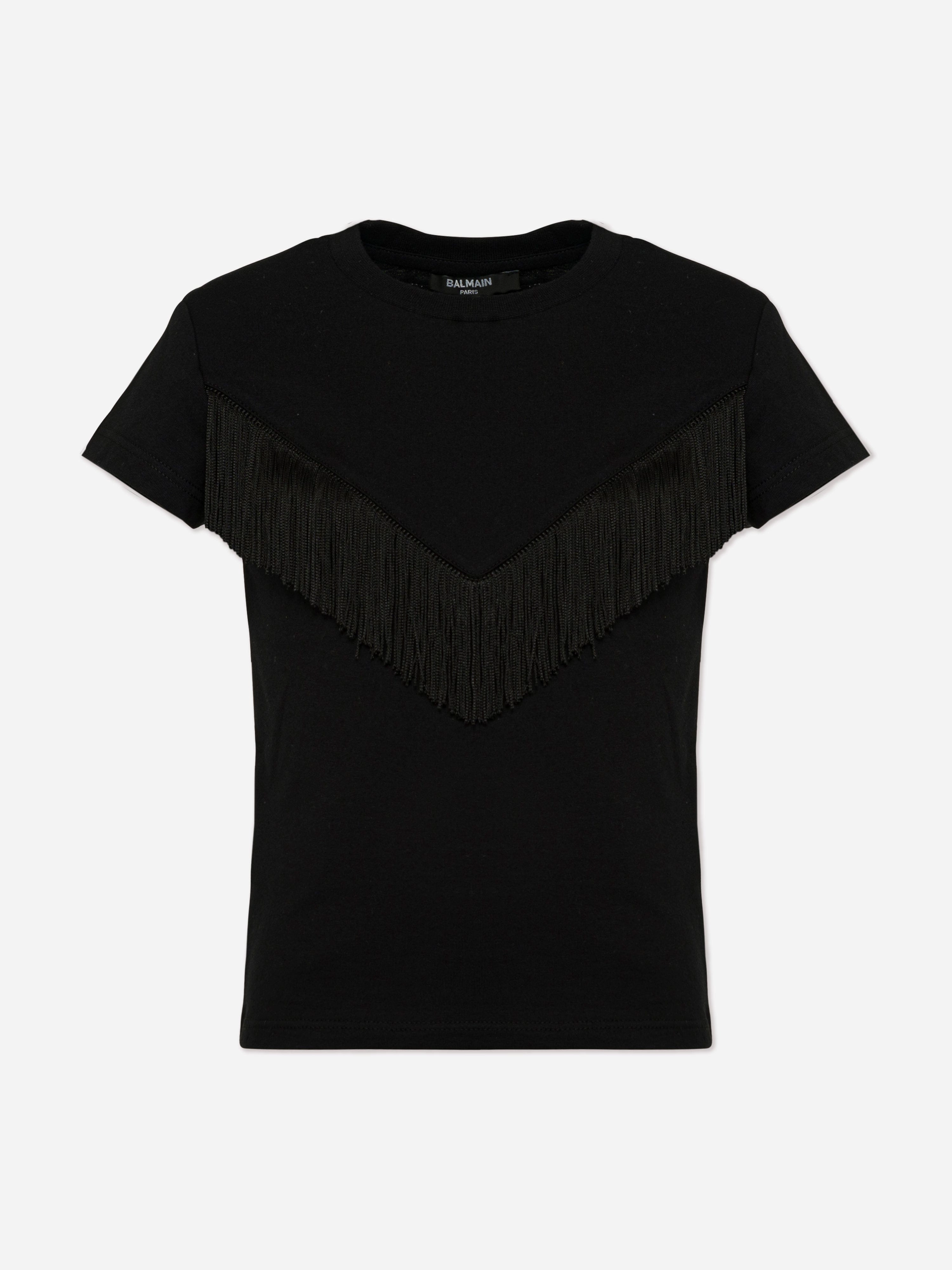 Balmain Girls Fringed T-Shirt in Black