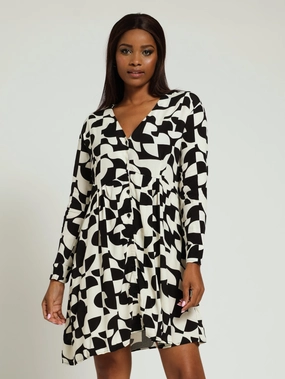 Beaded fashion items V-Neck Printed Shirt Dress - Black Smart casual wear