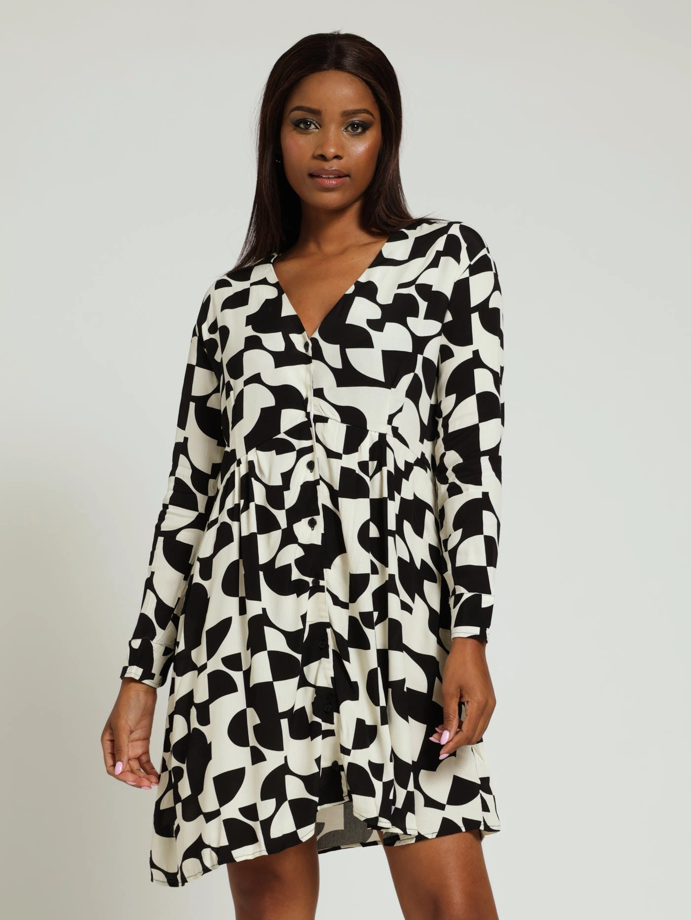Beaded fashion items V-Neck Printed Shirt Dress - Black Smart casual wear