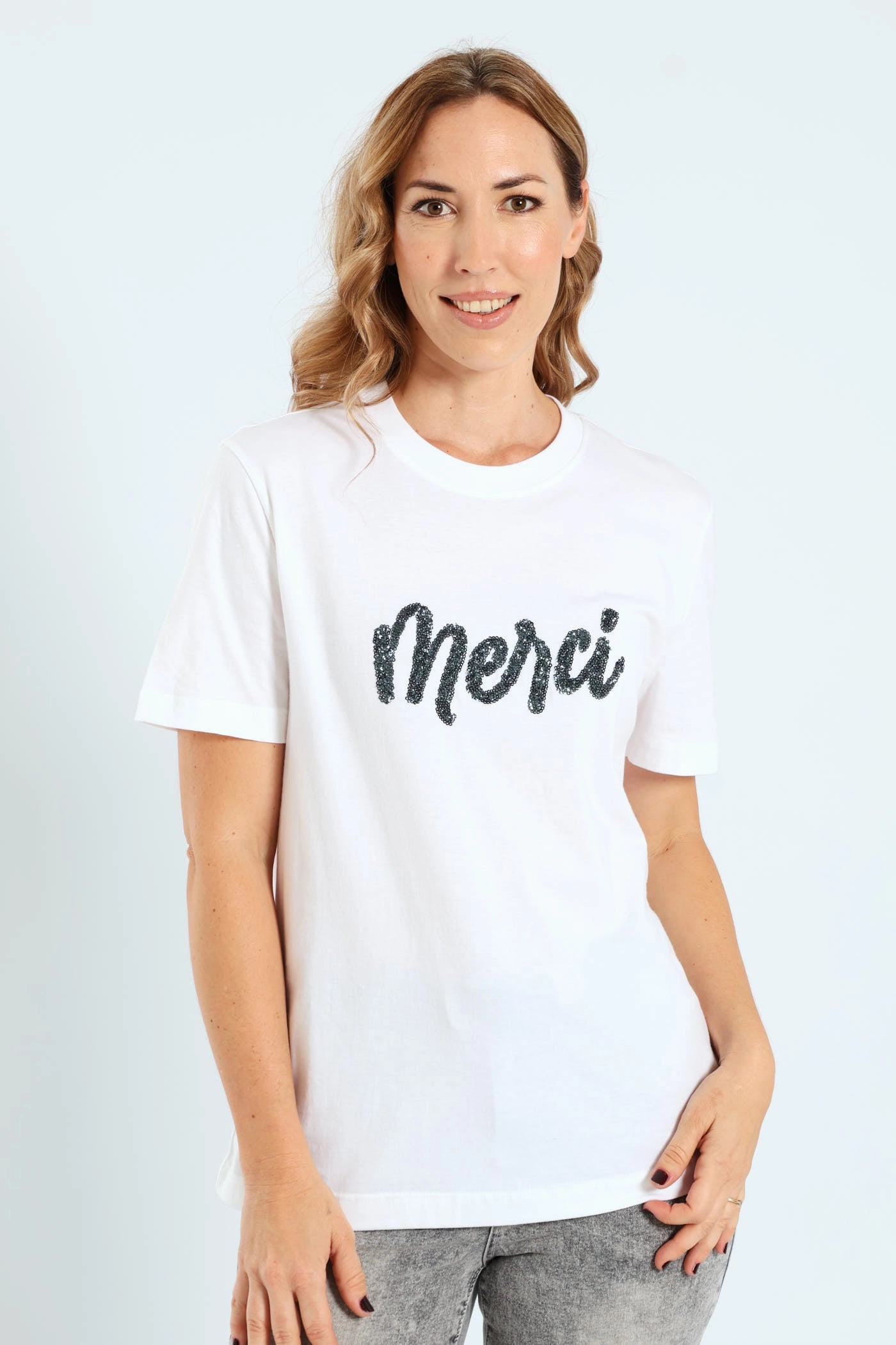 Beaded Merci Oversized Tee - White
