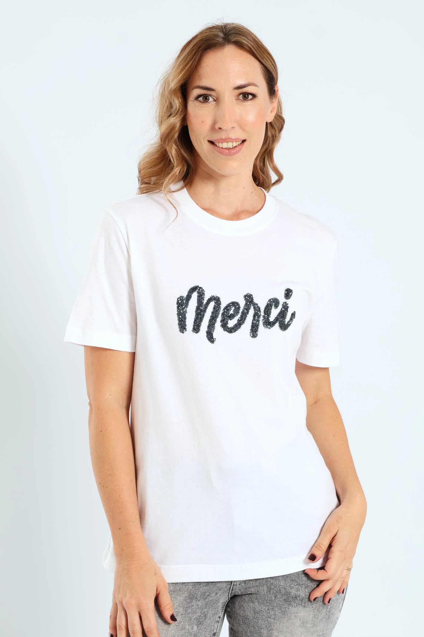 Beaded Merci Oversized Tee - White