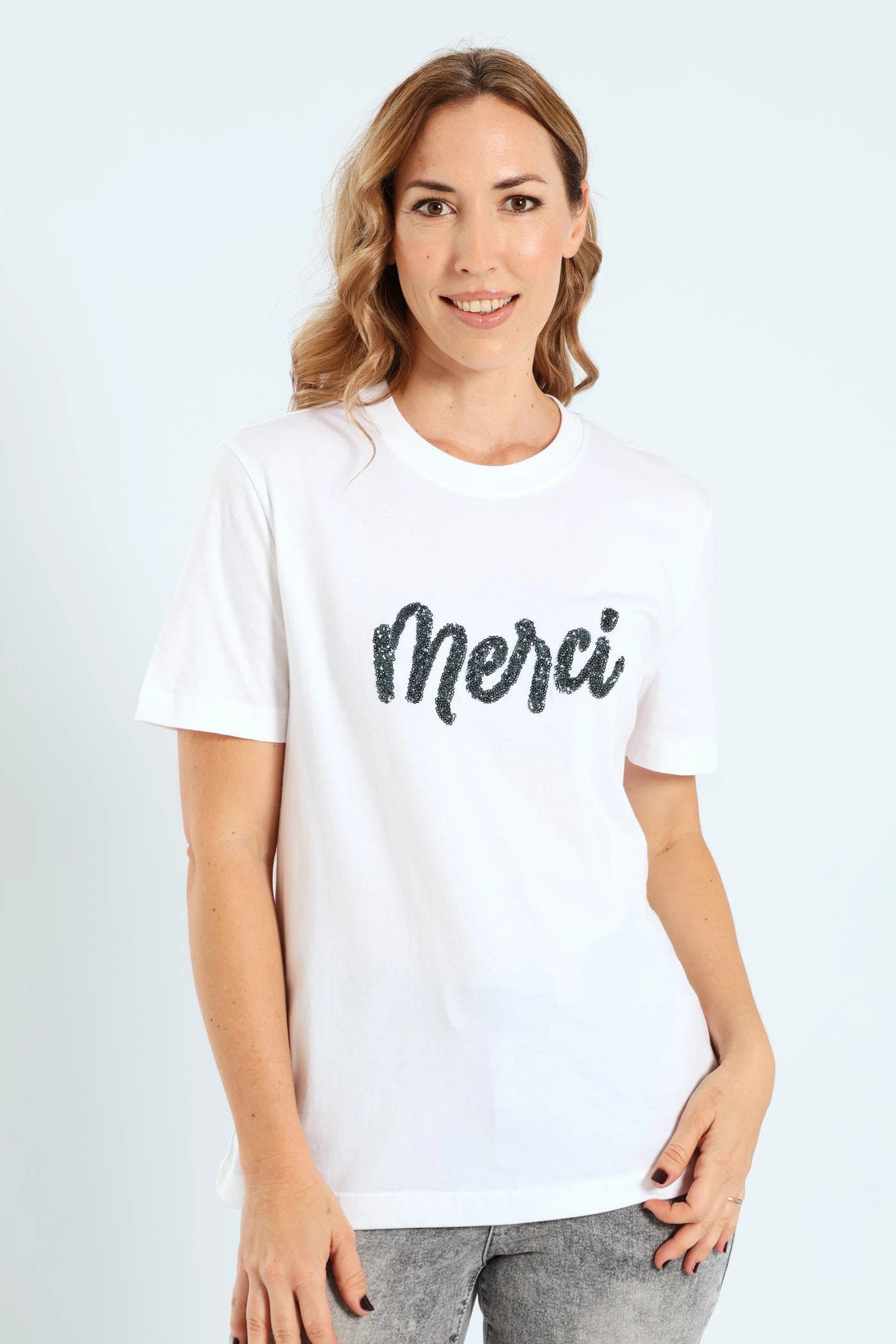 Beaded Merci Oversized Tee - White