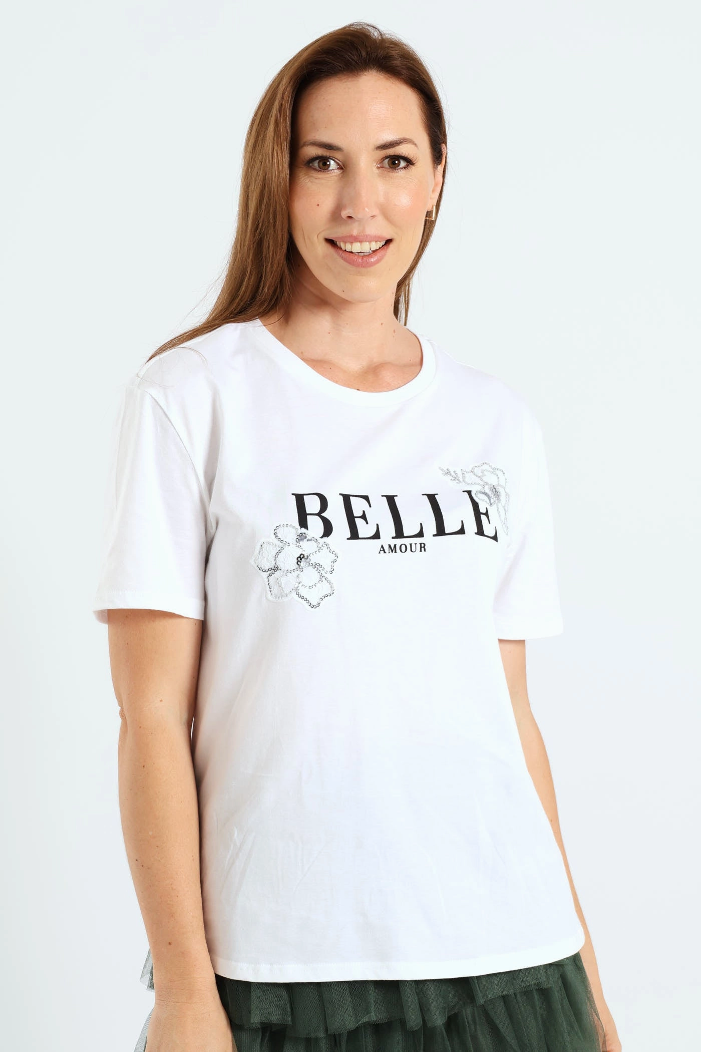 Belle Amour Embroidered Roses Applique Tee - White