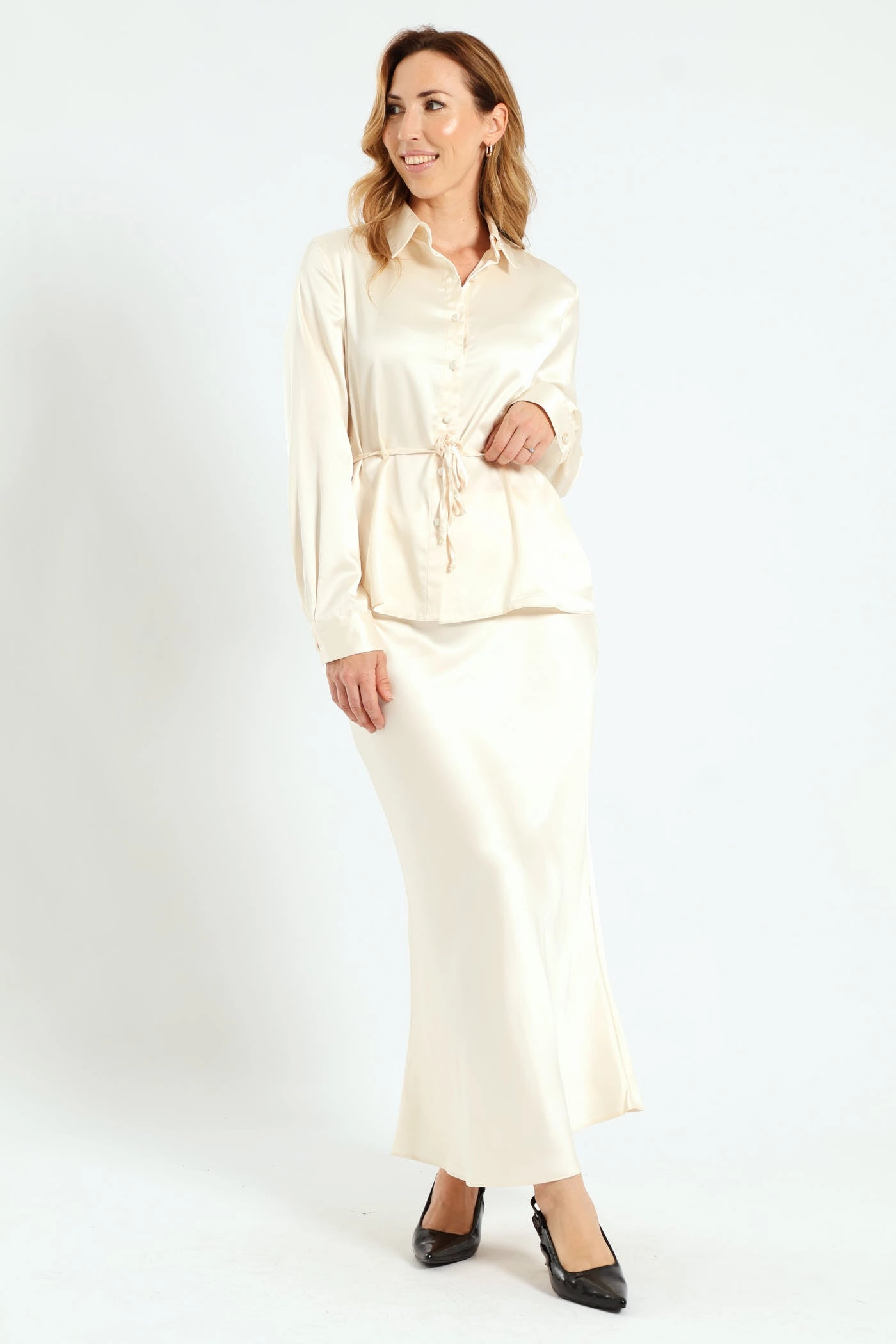 Belted Satin Shirt - Cream Fashion on sale Party wear