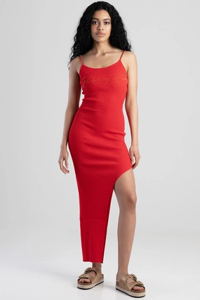 Best - selling fashion Midi Rib Knit Bling Logo Dress-Red Nautical - themed fashion
