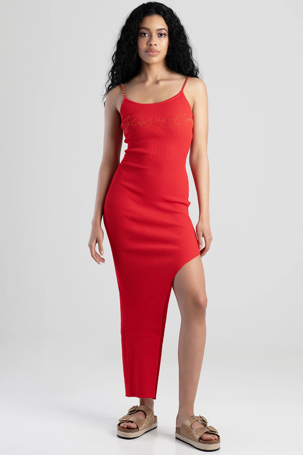 Best - selling fashion Midi Rib Knit Bling Logo Dress-Red Nautical - themed fashion