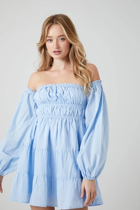 Best - selling fashion Off-the-Shoulder Babydoll Mini Dress - Light Blue Organic fashion products