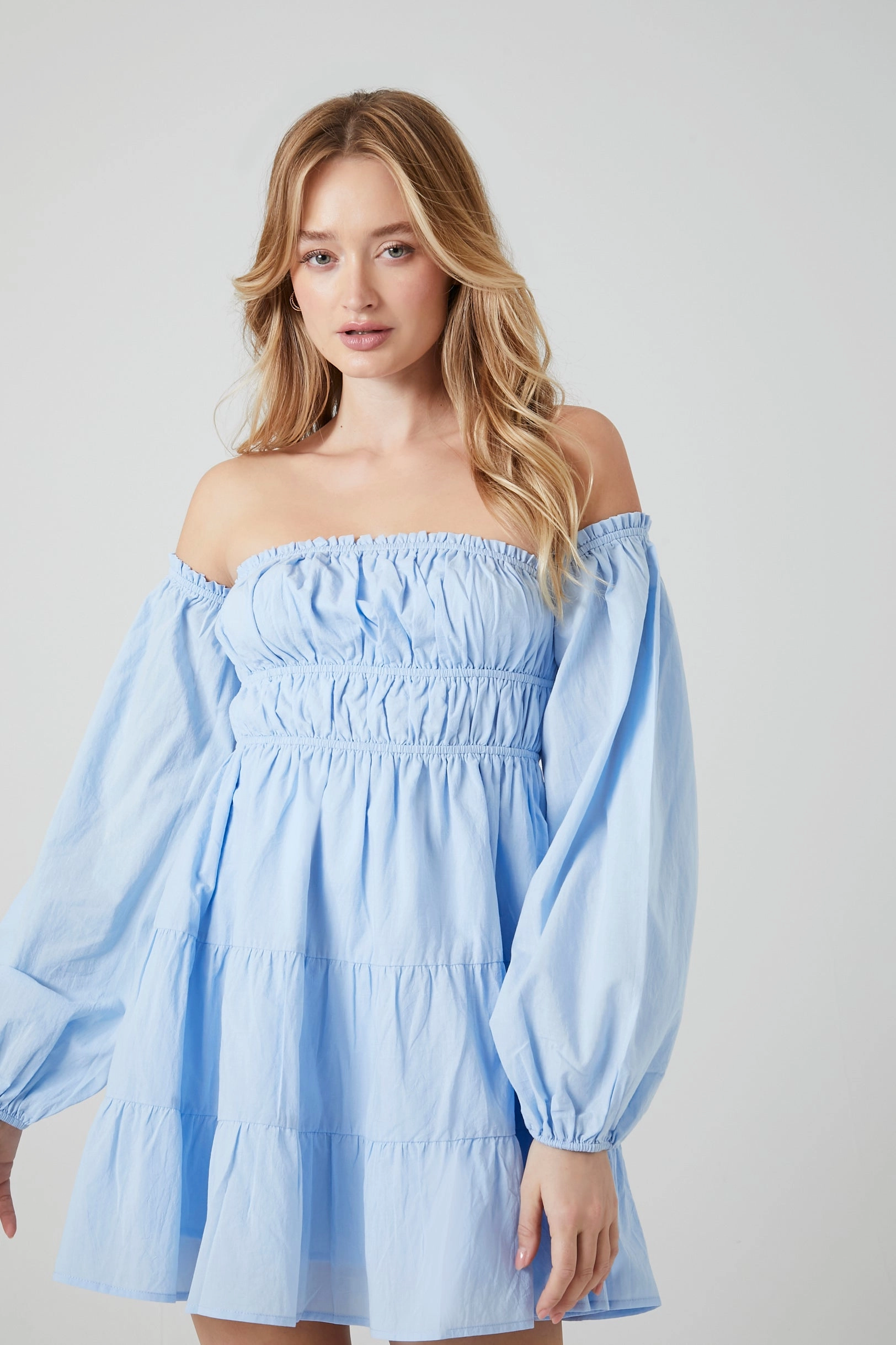 Best - selling fashion Off-the-Shoulder Babydoll Mini Dress - Light Blue Organic fashion products