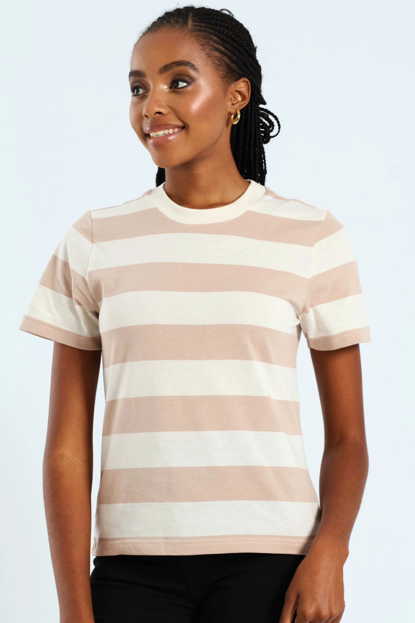 Boxy Bold Stripe Tee With Plain Rib Neck Detail - Taupe/Cream