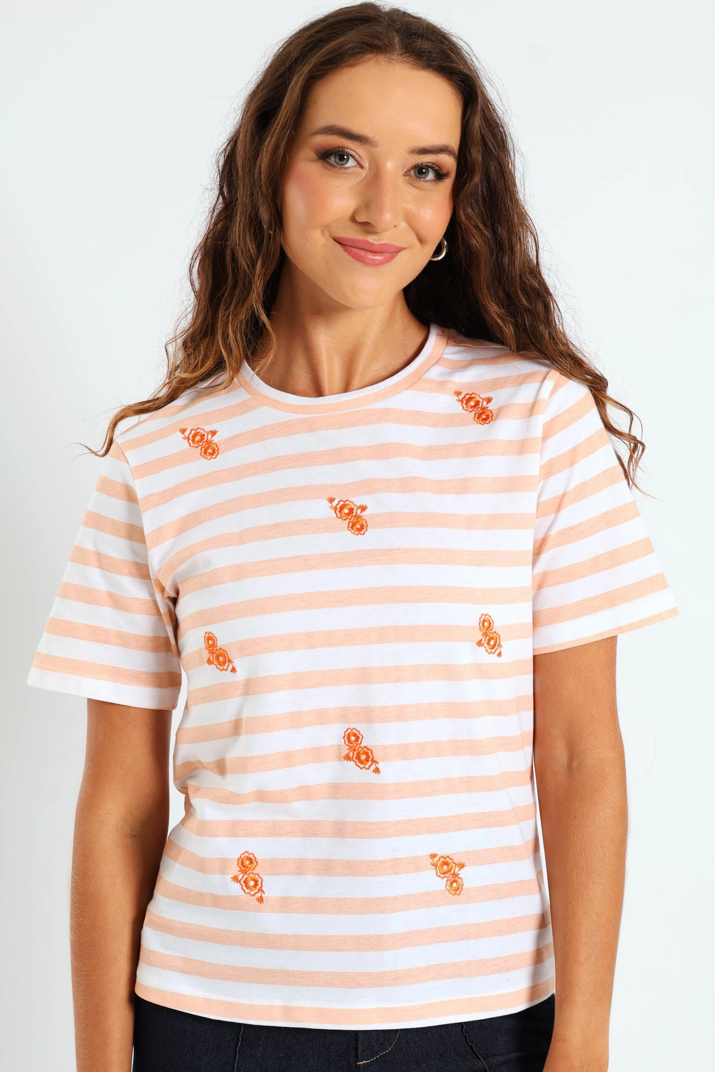 Boxy Embroidered Flowers Stripe Tee - Peach