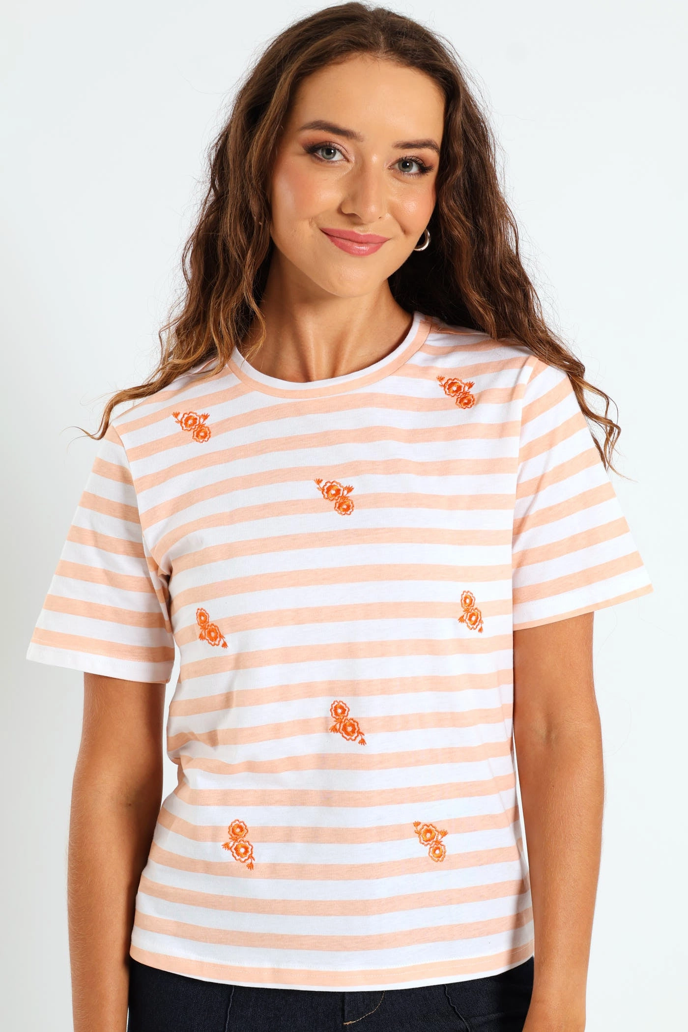 Boxy Embroidered Flowers Stripe Tee - Peach