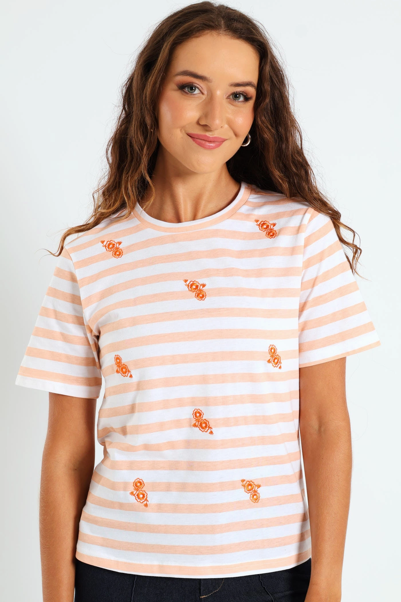 Boxy Embroidered Flowers Stripe Tee - Peach