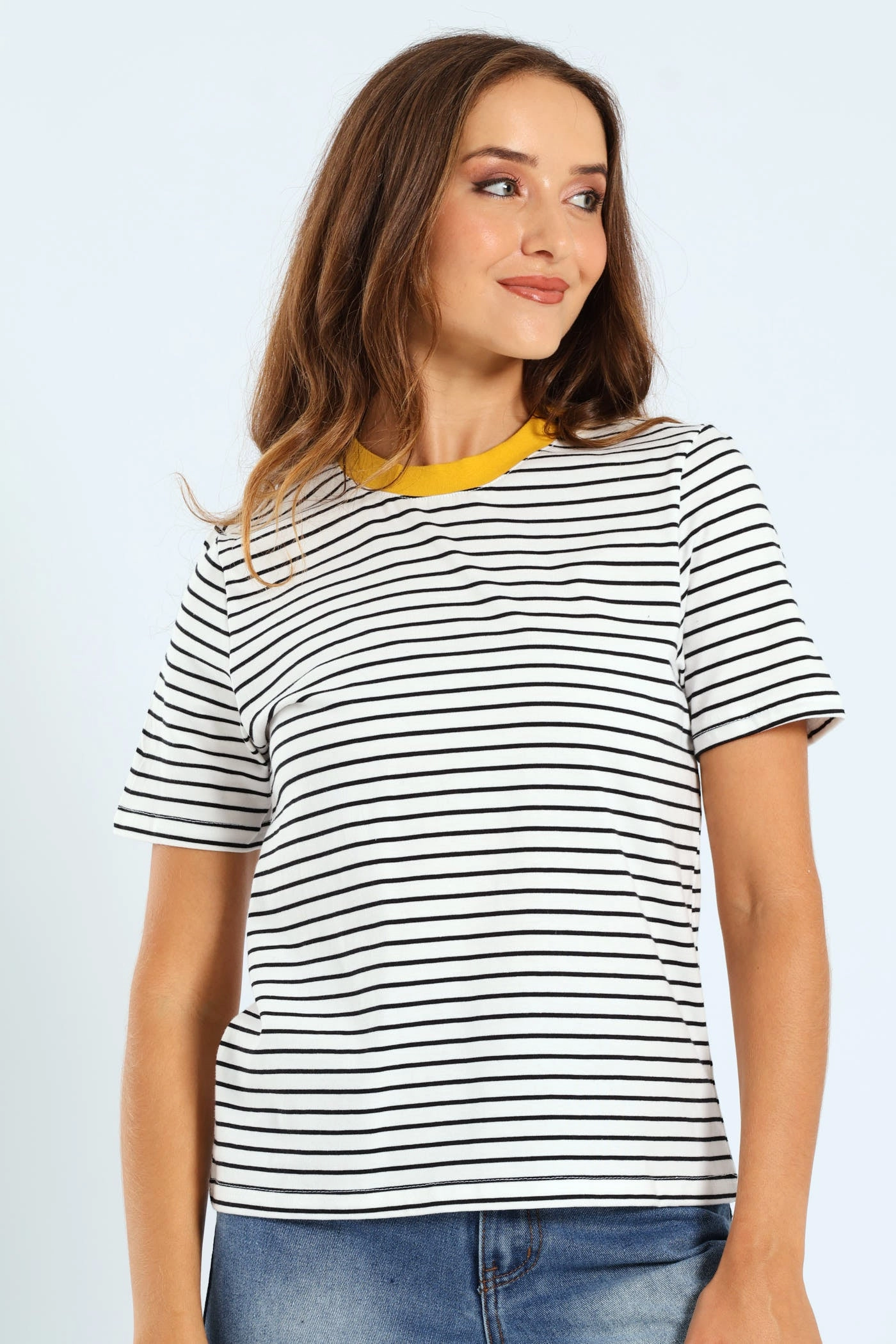Boxy Skinny Stripe Tee With Contrast Rib Detail - Black/White