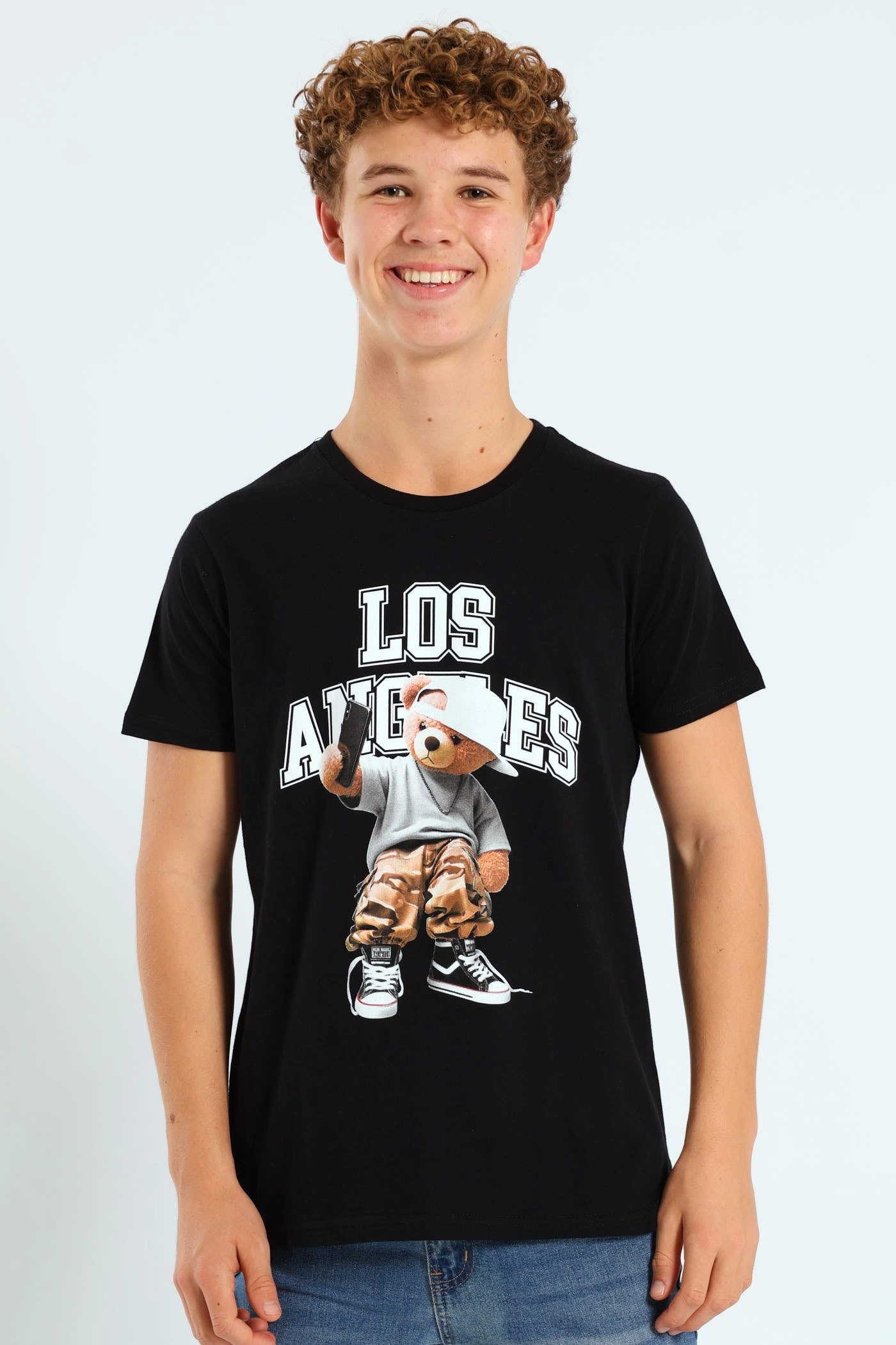 Boys LA Teddy Print Tee - Black
