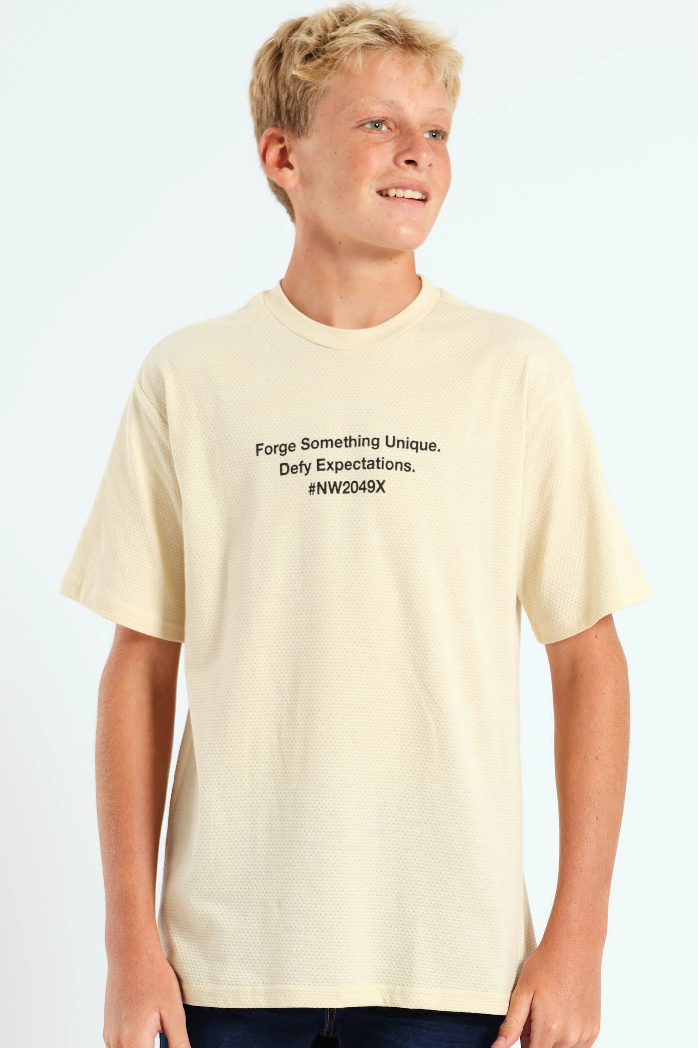 Boys Textured Oversized Back Print Tee - Cream