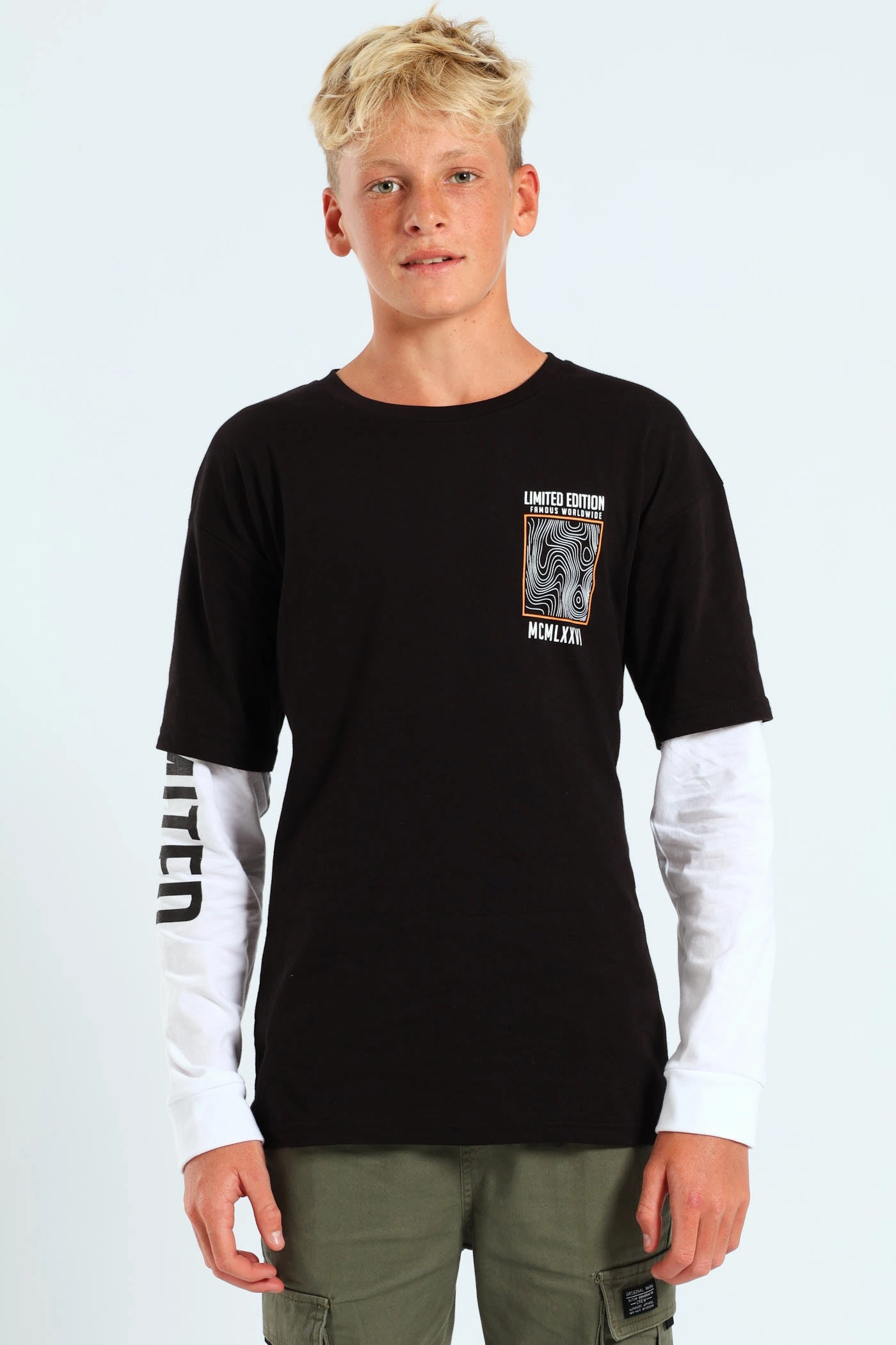 Boys Twofer Front & Back Tee - Black/White