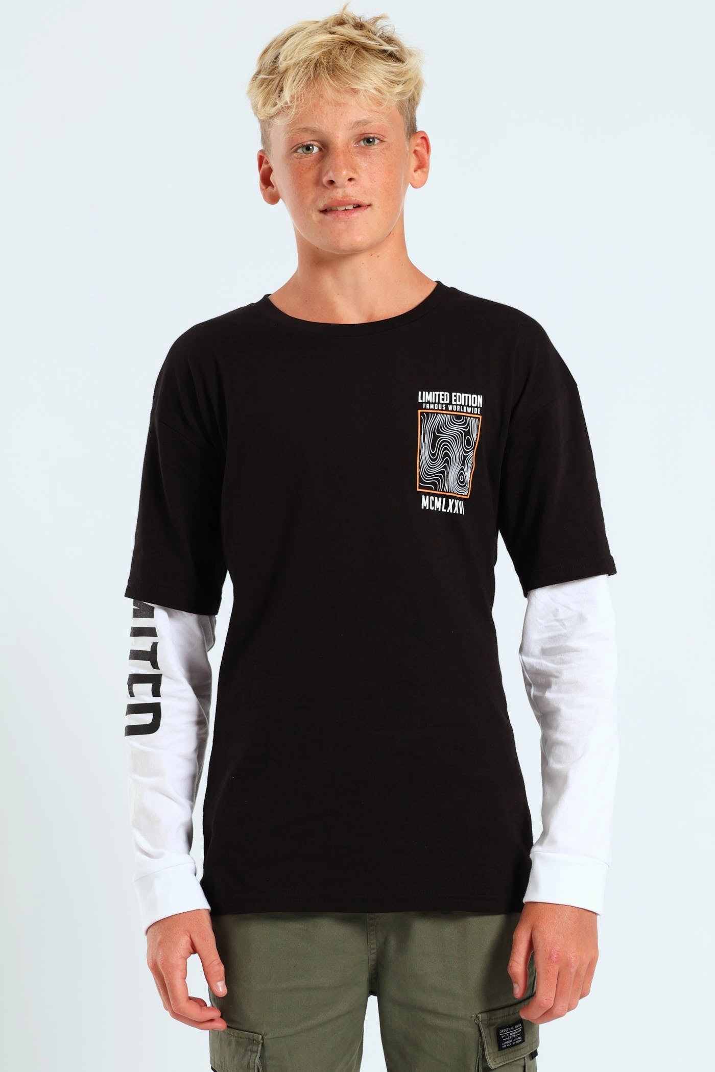 Boys Twofer Front & Back Tee - Black/White