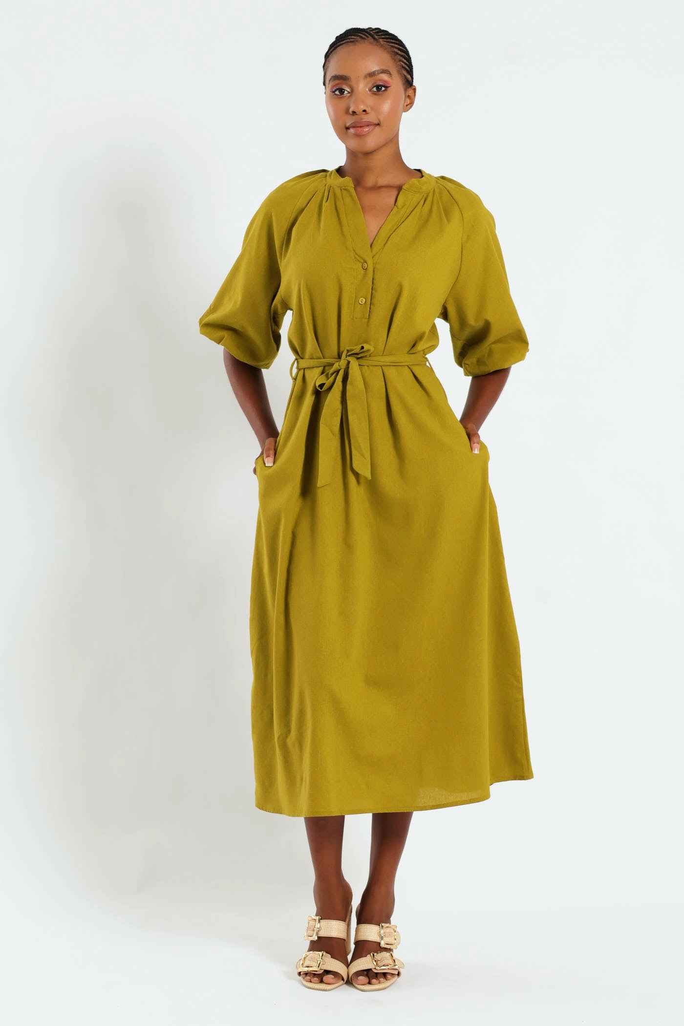 Bubble Sleeve Half Placket Belted Midaxi Dress - Chartreuse Fashion labels Fashion shows