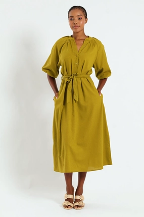 Bubble Sleeve Half Placket Belted Midaxi Dress - Chartreuse Activewear gear Fashion inspiration