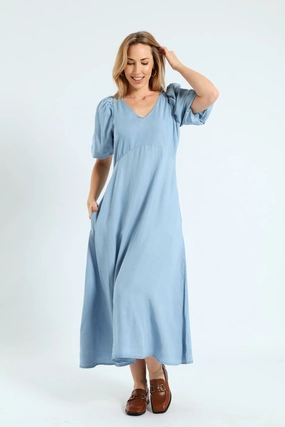 Bubble Sleeve V-Neck Pocket Midaxi Dress - Light Wash Clothing assortments Bohemian style items