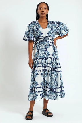 Bubble Sleeve V-Neck Tiered Midi Dress - White/Blue Denim - based fashion Smart casual wear