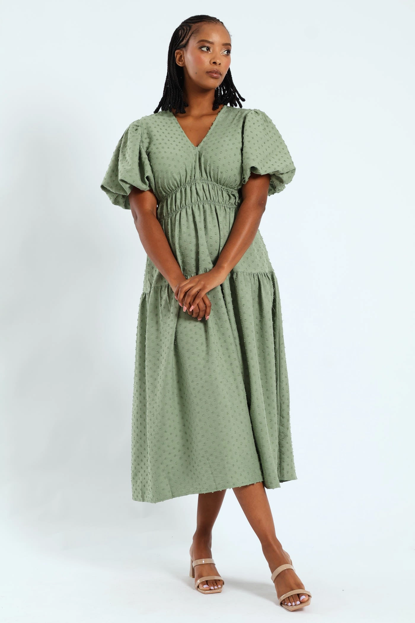 Printed fashion V-Neck Shirred Bodice Dobby Midaxi Dress - Sage High - end fashion