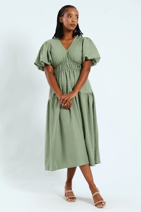 Business casual wear V-Neck Shirred Bodice Dobby Midaxi Dress - Sage New fashion arrivals