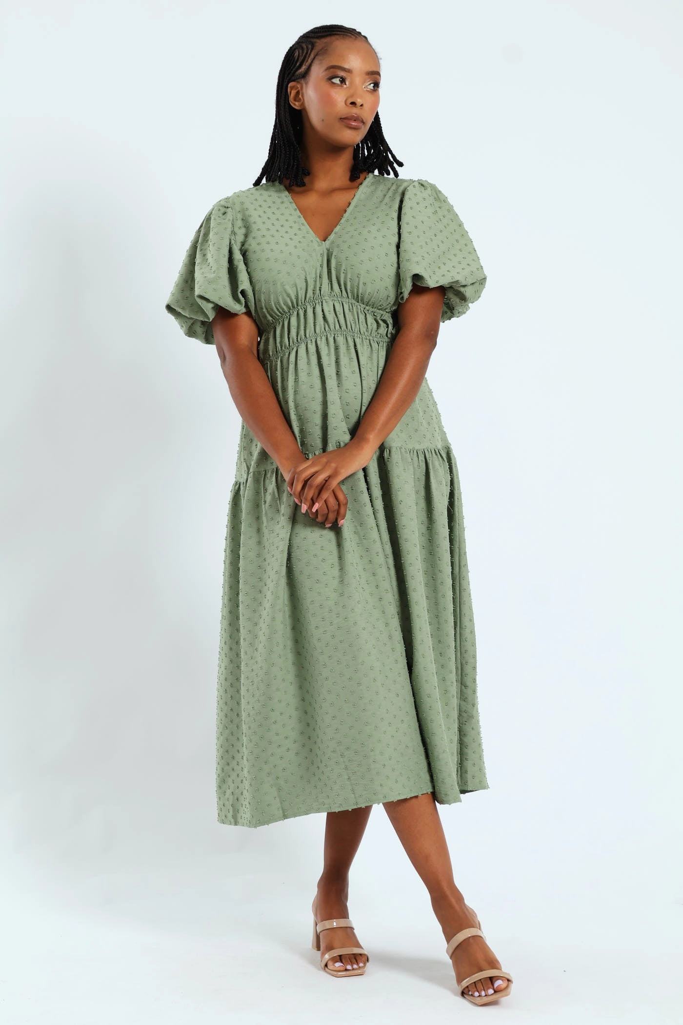 Business casual wear V-Neck Shirred Bodice Dobby Midaxi Dress - Sage New fashion arrivals