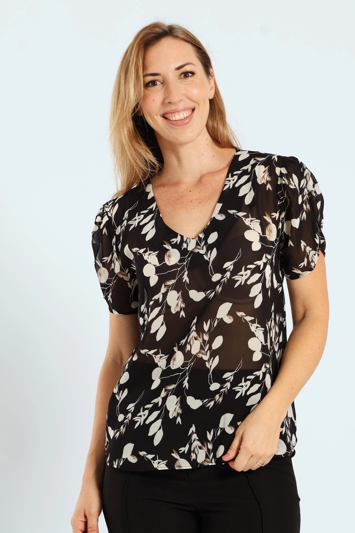 Button Sleeve Monochrome Blouse - Black/Cream