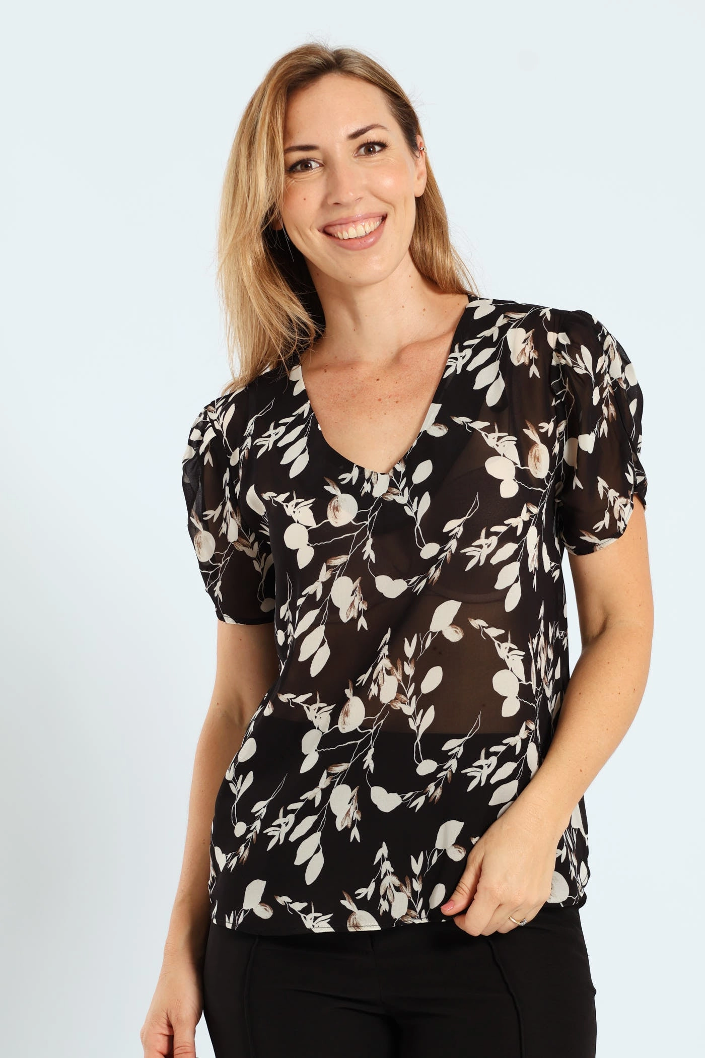Button Sleeve Monochrome Blouse - Black/Cream