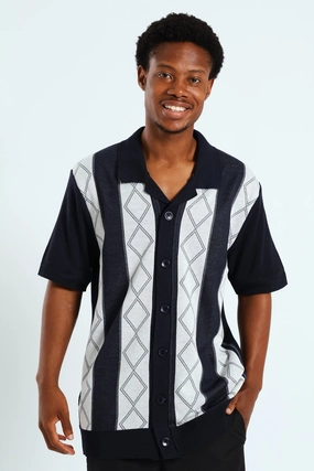 Button Through Argyle Knit Shirt - Navy Fashion forecasting Fashion on sale